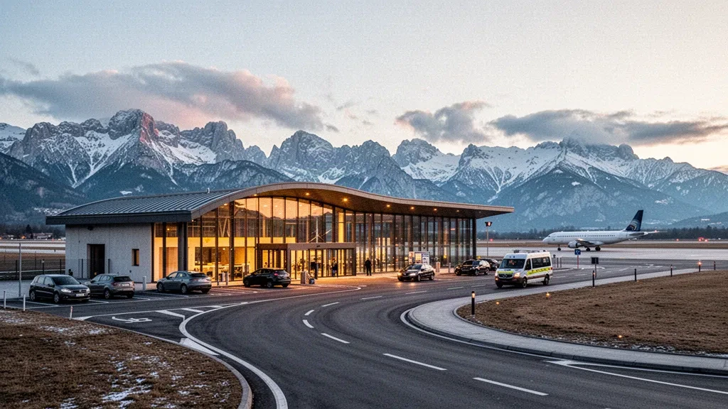 Modern terminal and drop-off lane at Grenoble Alpes Isère Airport with snow-capped Alpine peaks rising behind under golden winter light