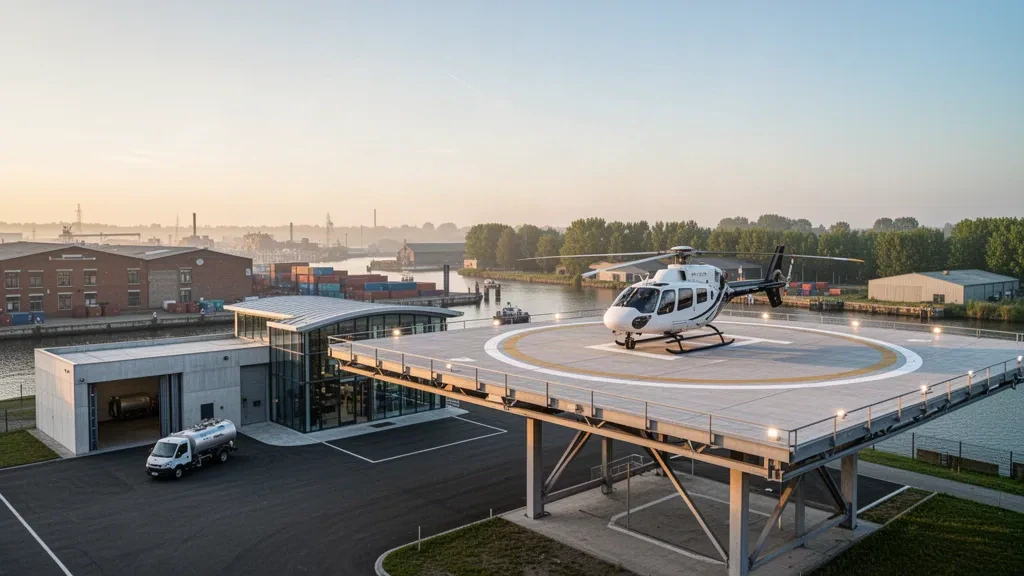 Helipuerto elevado en el helipuerto de Ghent Industry Zone, Bélgica, con un helicóptero estacionado, una terminal moderna y un polígono industrial durante la hora dorada.