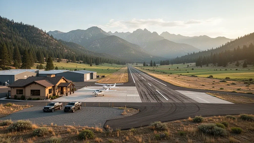 Piccolo terminal per aviazione generale, hangar e pista di decollo a Gansner Field a Quincy, California, circondati dalle montagne della Sierra Nevada coperte di pini.
