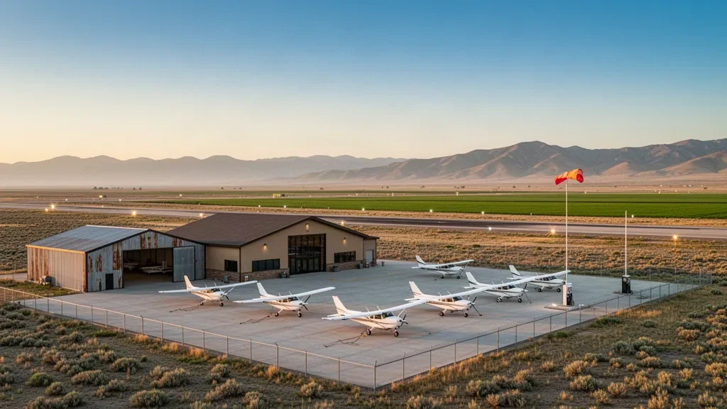 Aerei leggeri e piccoli edifici terminal nel piazzale del Gooding Municipal Airport in Idaho durante l'ora d'oro