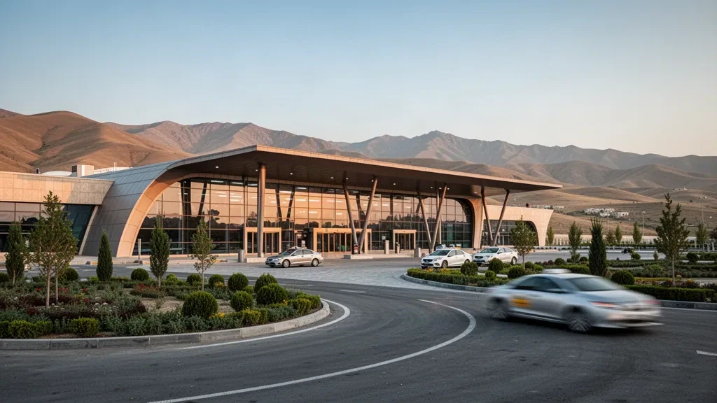 Moderne Glasfassade des Terminals am Ganja International Airport in Aserbaidschan mit geschwungener Architektur, Vorfahrspuren und Ausläufern des Kaukasus zur goldenen Stunde