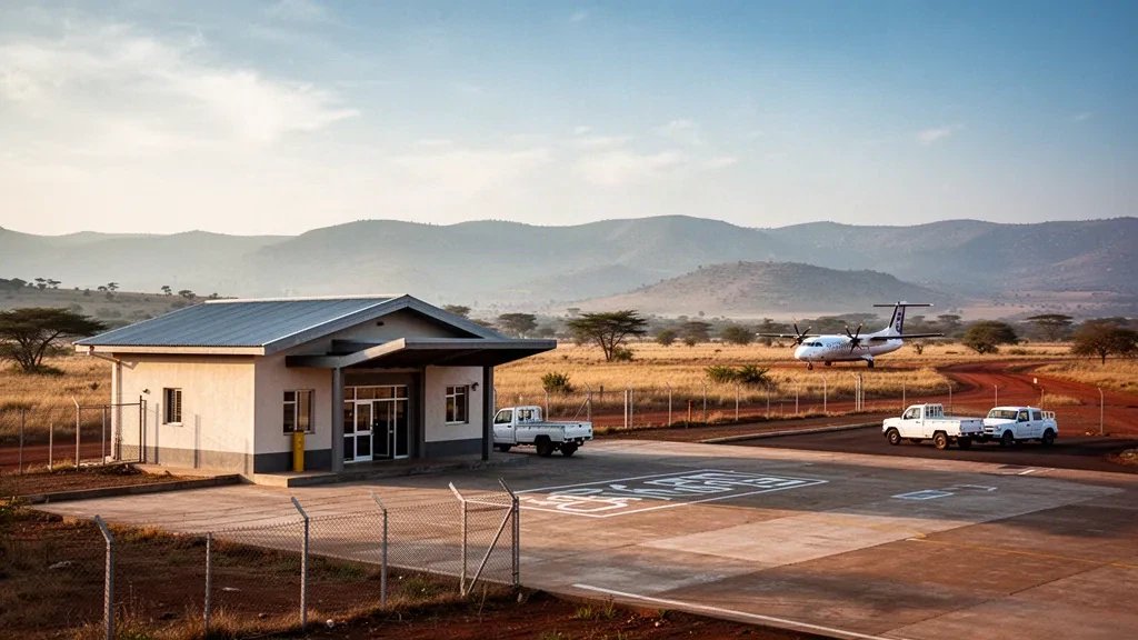 Terminal e piazzale dell'aeroporto di Ghinnir nella luce dorata del pomeriggio, immersi negli altopiani aridi dell'Oromia, in Etiopia