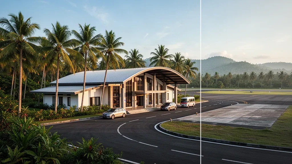 Tropisches Terminal und palmengesäumter Vorplatz am Flughafen Binaka in Gunungsitoli, Insel Nias, in warmem Licht des späten Nachmittags