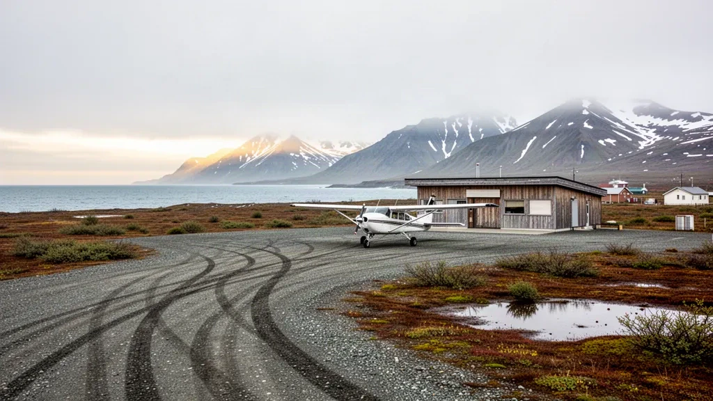 Pista remota in ghiaia, piccolo terminal e aereo da bush parcheggiato all'aeroporto di Goodnews in Alaska sotto un cielo costiero coperto.