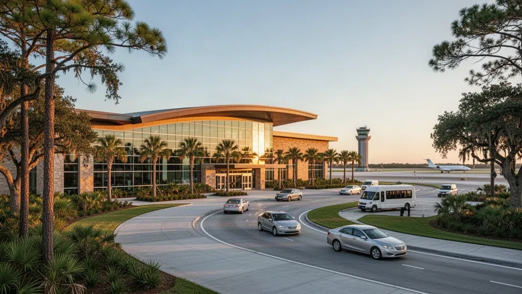 Blick zur goldenen Stunde auf das moderne Glasgebäude des Terminals am Gainesville Regional Airport in Florida, mit geschwungener Vorfahrtspur und landschaftlich gestaltetem Eingangsbereich