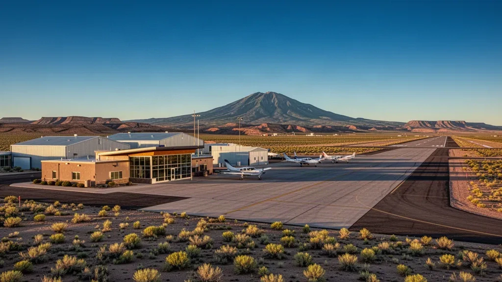 Veduta ampia dell'Aeroporto Municipale di Grants-Milan nel New Mexico, con pista desertica, piccolo terminal e mesa in lontananza all'ora d'oro.