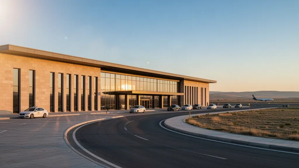 Moderne Terminalfassade aus Stein und Glas am Flughafen Şanlıurfa GAP in der Türkei, gesehen von der Vorfahrtspur zur goldenen Stunde.