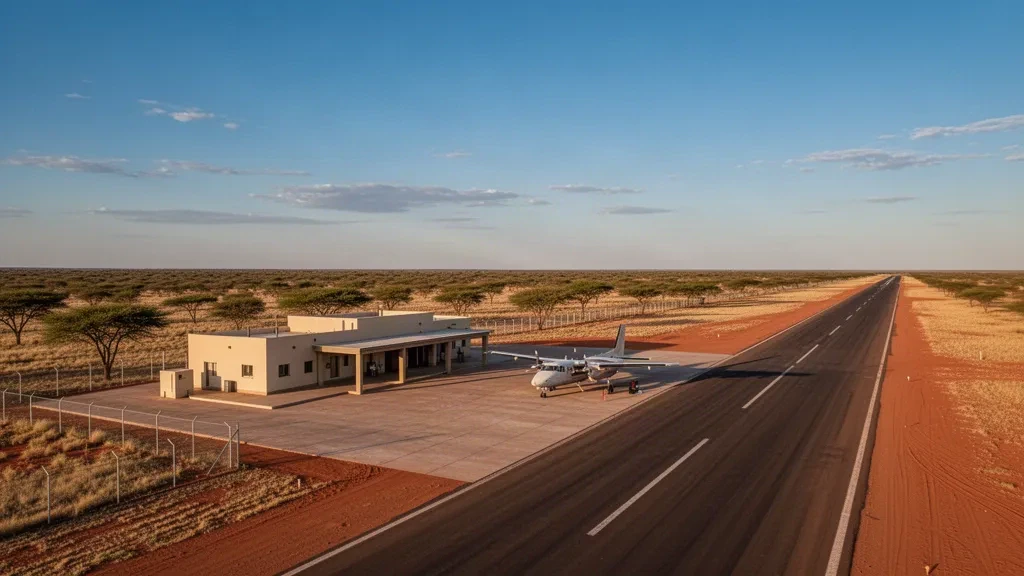 Petit terminal d'aéroport régional, tarmac et piste à Ghanzi dans le bushveld du Kalahari au Botswana sous une chaude lumière dorée