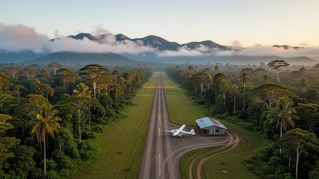Grass and gravel runway of Gora Airstrip in Papua New Guinea cutting through dense tropical rainforest towards misty mountain ridges