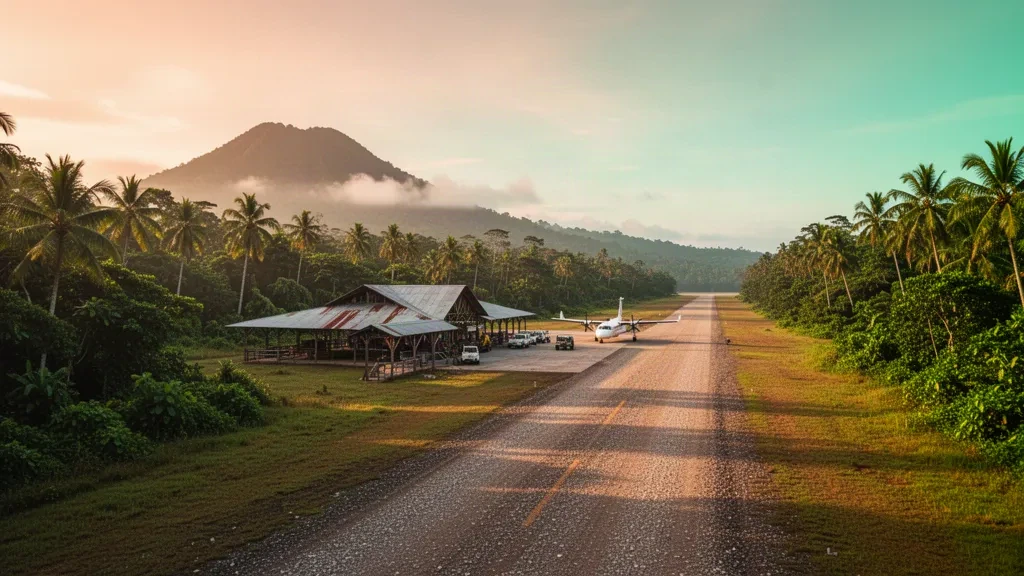 Pista de aterrizaje tropical y pequeña terminal al aire libre en el aeropuerto de Gonaili, en Papúa Nueva Guinea, rodeada de selva tropical a la hora dorada