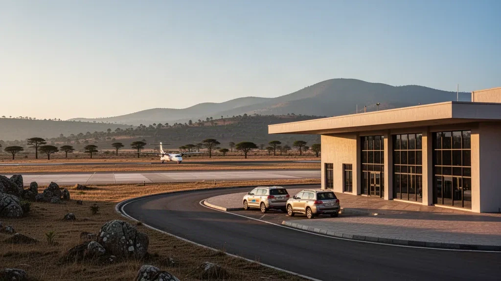 Piccolo terminal regionale e piazzale dell'Aeroporto di Robe negli altopiani di Bale in Etiopia durante la calda luce dell'ora d'oro