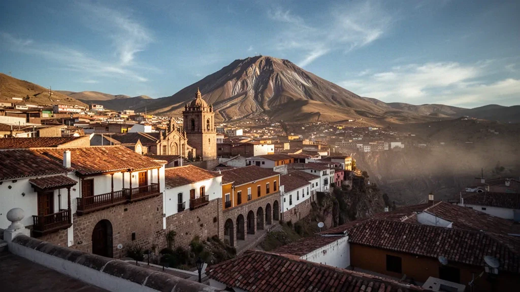 Tejados coloniales de Potosí, Bolivia, bajo la imponente montaña Cerro Rico en la cálida luz del final de la tarde