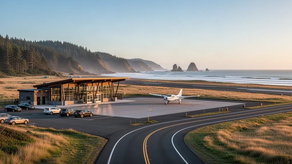 Oregon'daki Gold Beach Municipal Havaalanı'nda ormanlık tepeler ve Pasifik Okyanusu ile çevrili kıyı pisti ve küçük terminal.