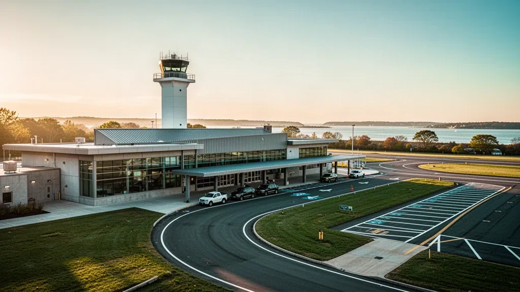 Amplia vista a la hora dorada del exterior de la terminal moderna, el carril de descenso y la torre de control del aeropuerto de Groton-New London en la costa de Connecticut