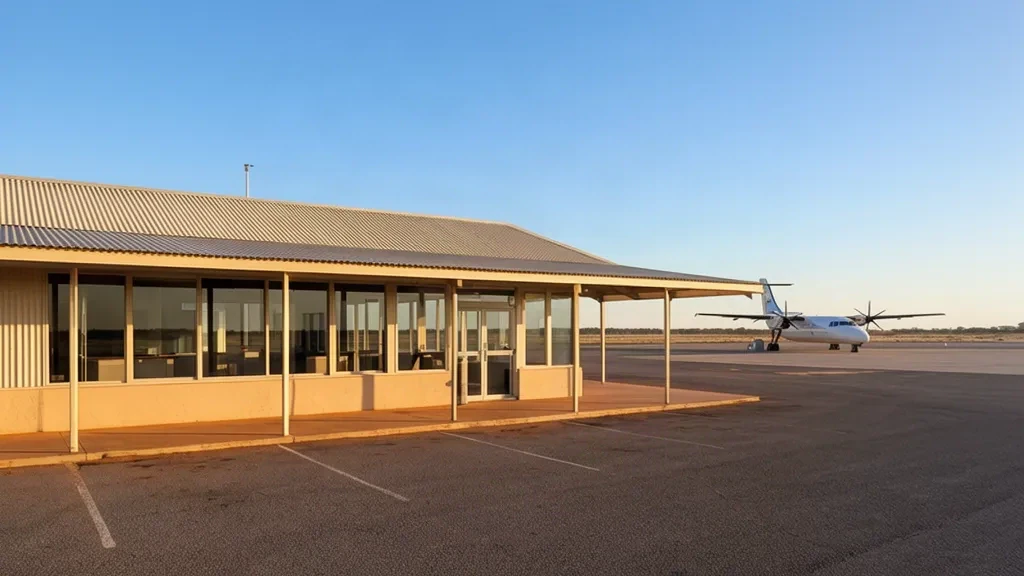 Außenansicht des Terminals des Flughafens Goondiwindi in Queensland mit kleinem regionalem Vorfeld und klarem blauem Himmel