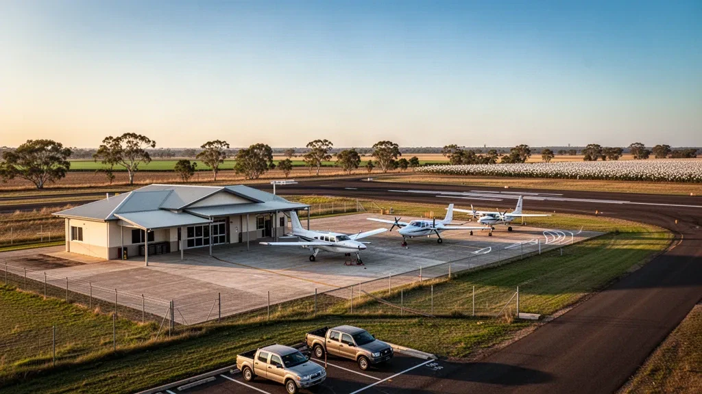 Petit terminal d'aéroport régional et tarmac à Goondiwindi, Queensland, avec de petits avions stationnés sous un ciel clair d'outback à l'heure dorée
