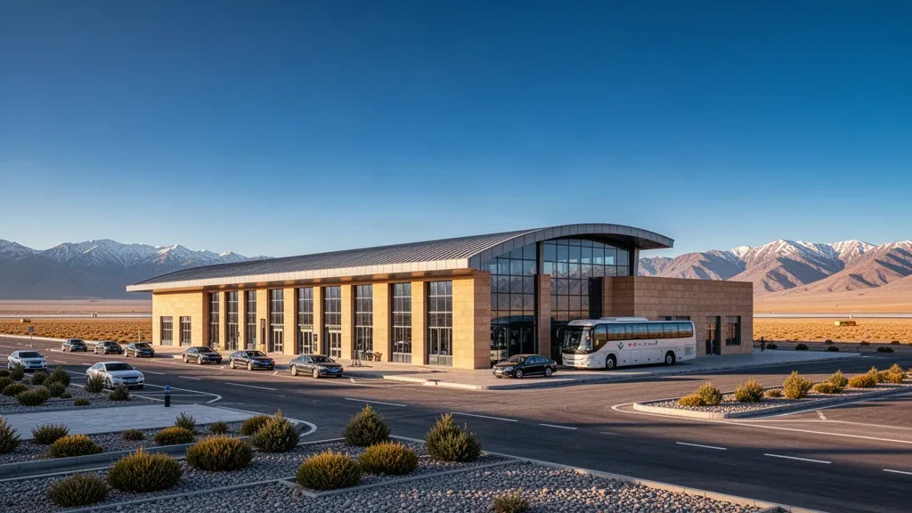 Modernes Terminal und Abholspuren am Straßenrand am Flughafen Golmud auf dem trockenen Qinghai-Tibet-Plateau mit den Kunlun-Bergen in der Ferne
