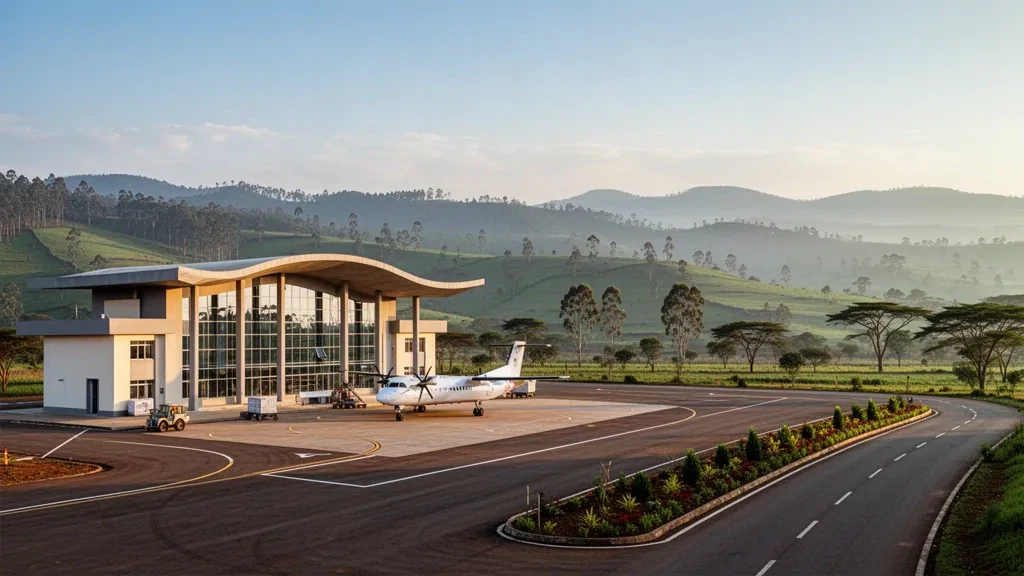 Regional airport terminal and apron at Gore in the Ethiopian highlands, with a parked turboprop and green misty hills at sunrise.