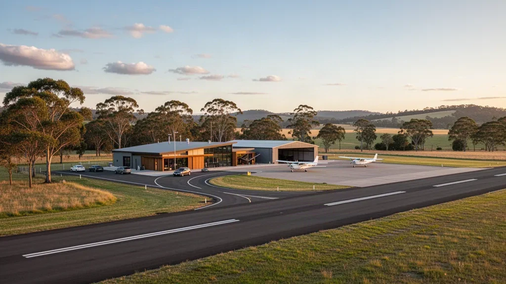 Blick zur goldenen Stunde auf die Start- und Landebahn, Hangars und Leichtflugzeuge des Somersby Airstrip (Gosford Airport) im ländlichen New South Wales.