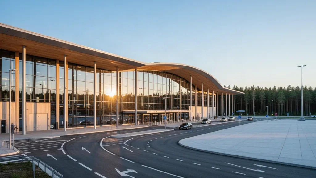 Moderne Glasfassade des Terminals am Flughafen Göteborg Landvetter während der goldenen Stunde, mit Vorfahrspuren und bewaldeter Umgebung.