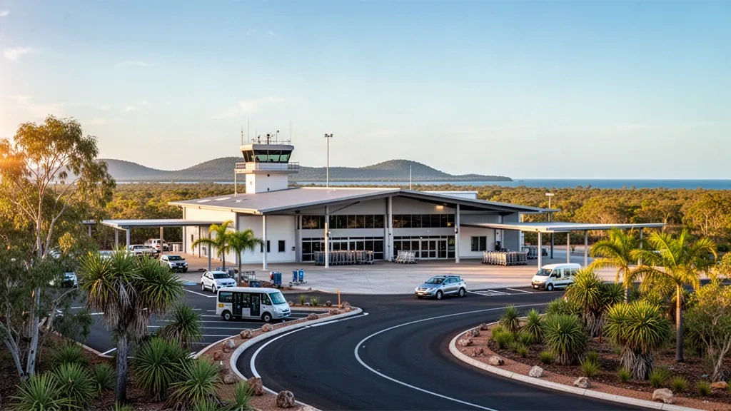 Tropisches Regionalflughafenterminal und Bringspuren am Flughafen Gove nahe Nhulunbuy in East Arnhem Land zur goldenen Stunde