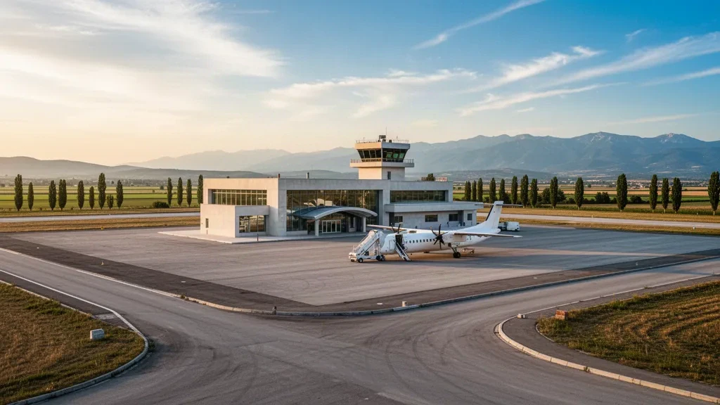Bulgaristan'daki Gorna Oryahovitsa Havalimanı'nda modern terminal binası ve park alanı, sıcak akşam ışığı altında park etmiş bölgesel uçaklar ve Balkan tepeleri.