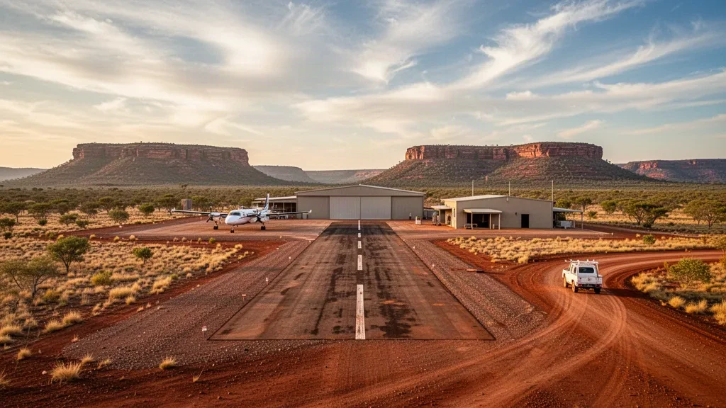 Remote outback runway, commuter aircraft and corrugated hangar at Mount Gordon Airport in north-west Queensland under a wide golden-hour sky.