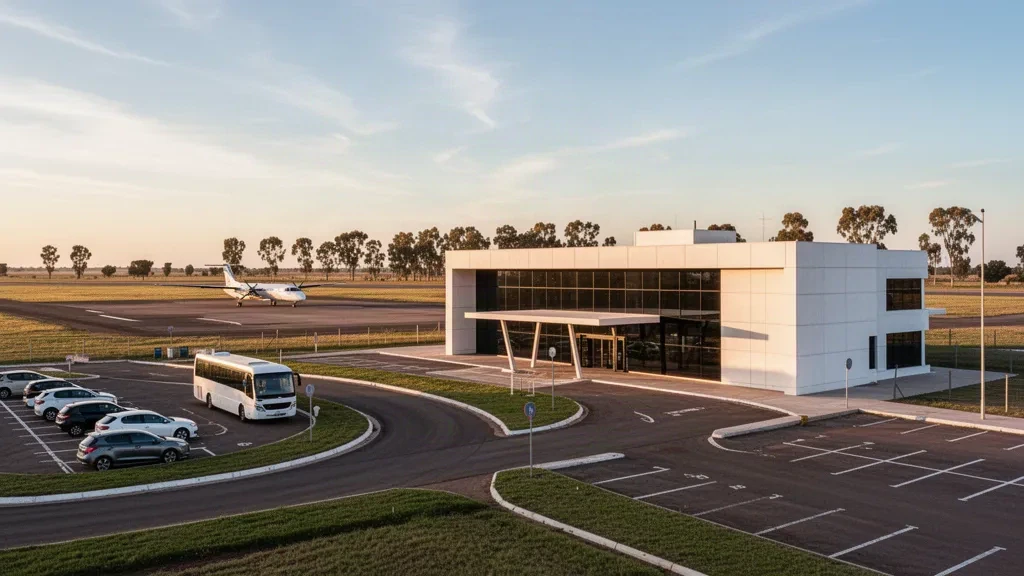 Modern terminal and drop-off lane at a regional airport in General Pico, La Pampa, Argentina, under warm golden hour light