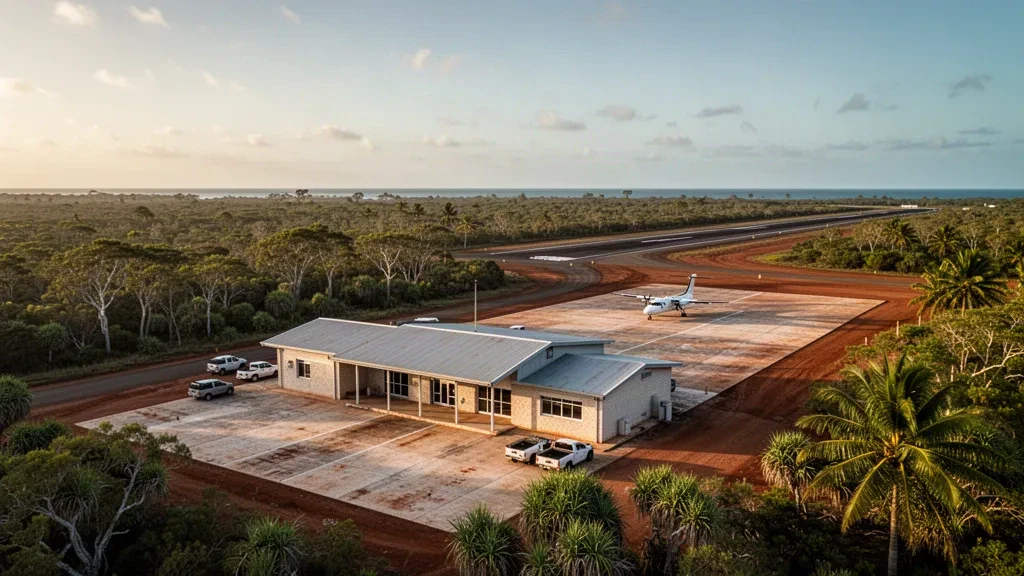 Kleine tropische Start- und Landebahn, Vorfeld und bescheidenes Terminal am Flughafen Garden Point auf Melville Island in den Tiwi Islands zur goldenen Stunde