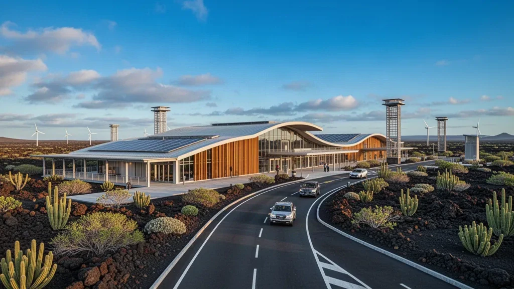 Modern eco-friendly terminal of Seymour Galapagos Ecological Airport on Baltra Island, surrounded by volcanic landscape, solar panels, and clear sky.