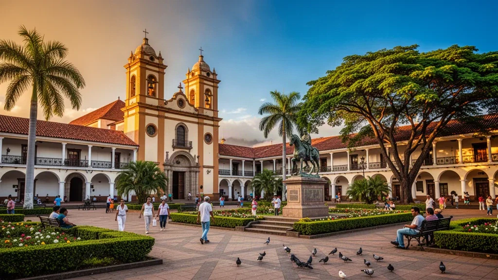 Veduta all'ora d'oro di Plaza 24 de Septiembre a Santa Cruz de la Sierra, Bolivia, con le torri della cattedrale, palme e abitanti a passeggio