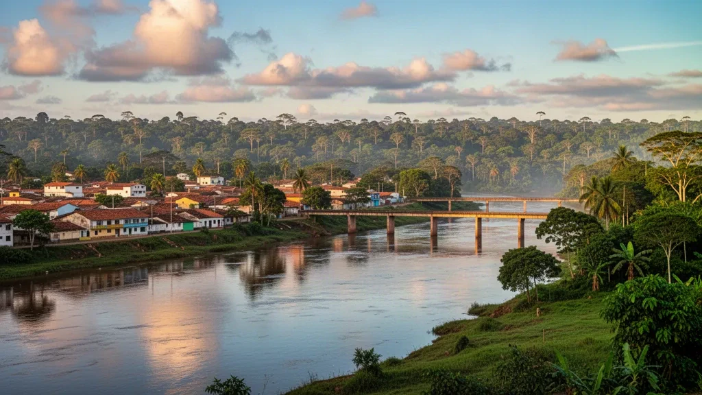 Paysage urbain de Cobija le long du fleuve Acre à Pando, en Bolivie, avec des bâtiments de faible hauteur et un horizon de forêt tropicale.