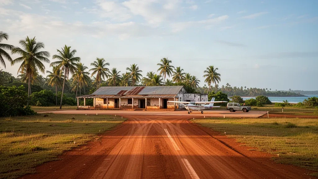 Pista rural de laterita y plataforma bordeada de palmeras en el aeropuerto de Grand Cess, en la costa de Liberia, bajo una cálida luz de hora dorada