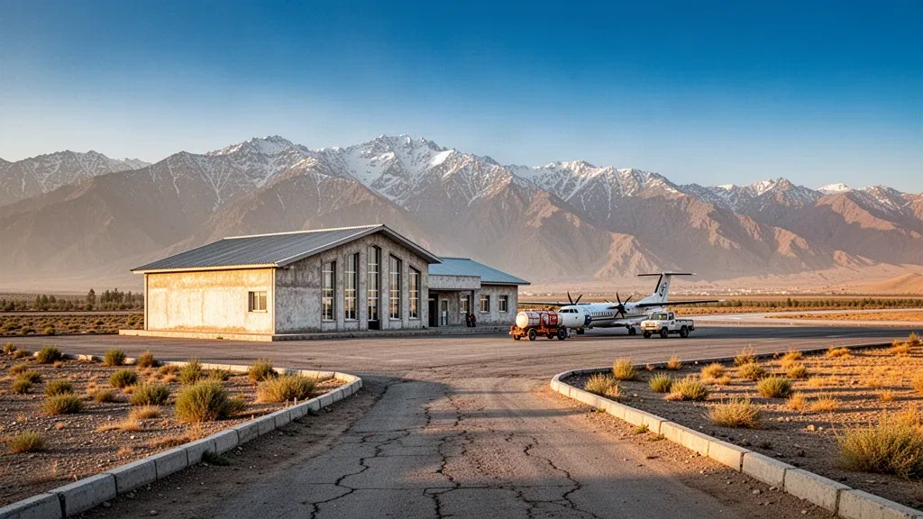 Piccolo edificio terminal e piazzale di sosta dell'aeroporto di Gardez, in Paktia, Afghanistan, incorniciati da aride creste montuose cosparse di neve sotto un cielo terso.