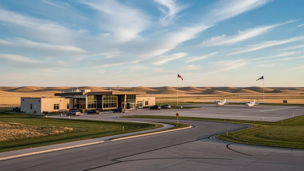 Vue à l'heure dorée de l'aéroport municipal de Gordon dans le Nebraska, montrant son petit bâtiment terminal, son tarmac et l'horizon de la prairie sur les hautes plaines.