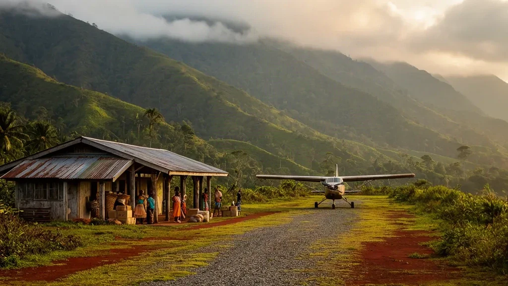 Pequeña pista rural en el aeropuerto de Garasa GRL, en las tierras altas de Papúa Nueva Guinea, con una pista de hierba y crestas montañosas verdes