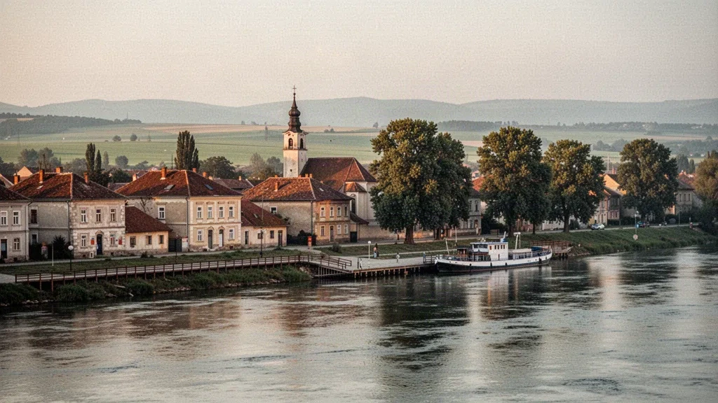 Blick vom Flussufer auf Brčko an der Save in Bosnien und Herzegowina mit österreichisch-ungarischen Häusern und der grünen Posavina-Ebene zur goldenen Stunde
