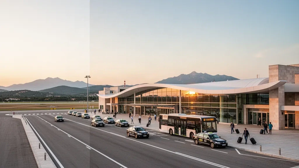 Moderne Glasfassade des Terminals am Flughafen Girona-Costa Brava mit Bringspuren, Taxis und mediterranem Licht in Katalonien, Spanien.