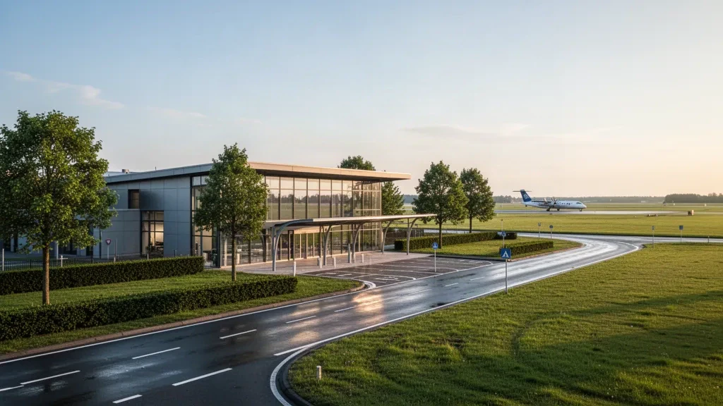 Modern glass terminal and drop-off lane at Groningen Airport Eelde surrounded by green Dutch countryside