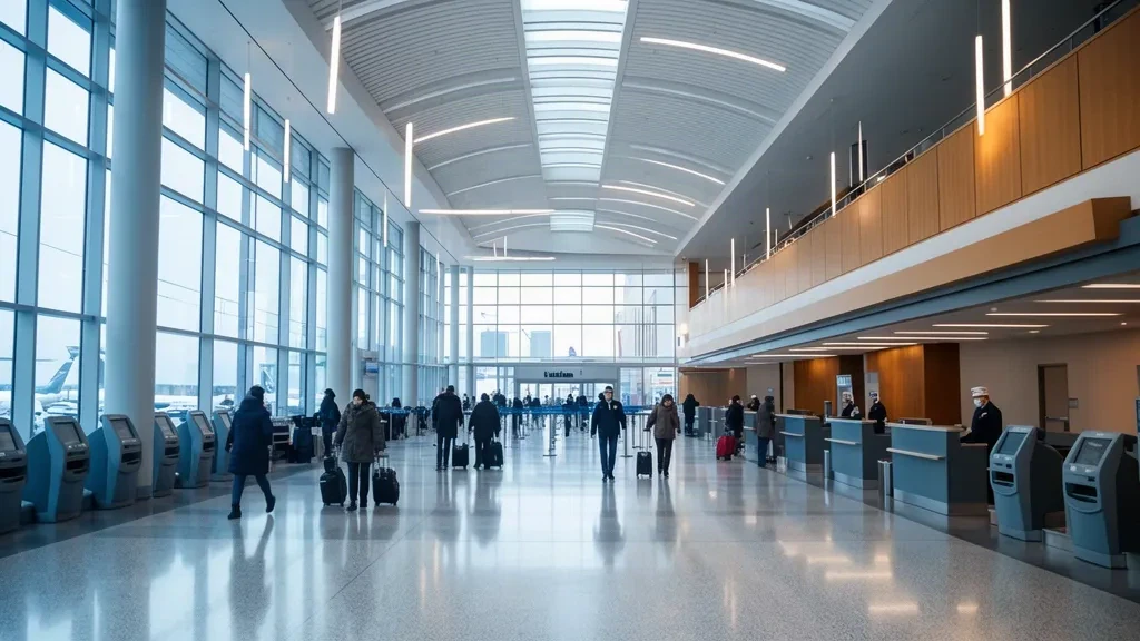 Intérieur lumineux et moderne du terminal de l'aéroport international Gerald R. Ford à Grand Rapids avec des voyageurs et des comptoirs d'enregistrement