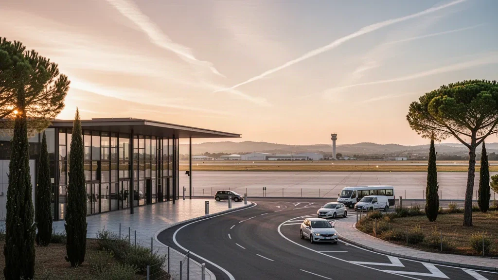 Modernes Terminal des Flughafens Grosseto in der Toskana zur goldenen Stunde, mit Glasfassade, Zufahrtsstraße und Maremma-Landschaft dahinter