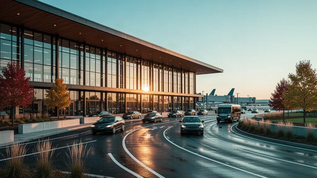 Esterno moderno del terminal in vetro e corsie di sosta al marciapiede dell'aeroporto internazionale Gerald R. Ford a Grand Rapids, Michigan
