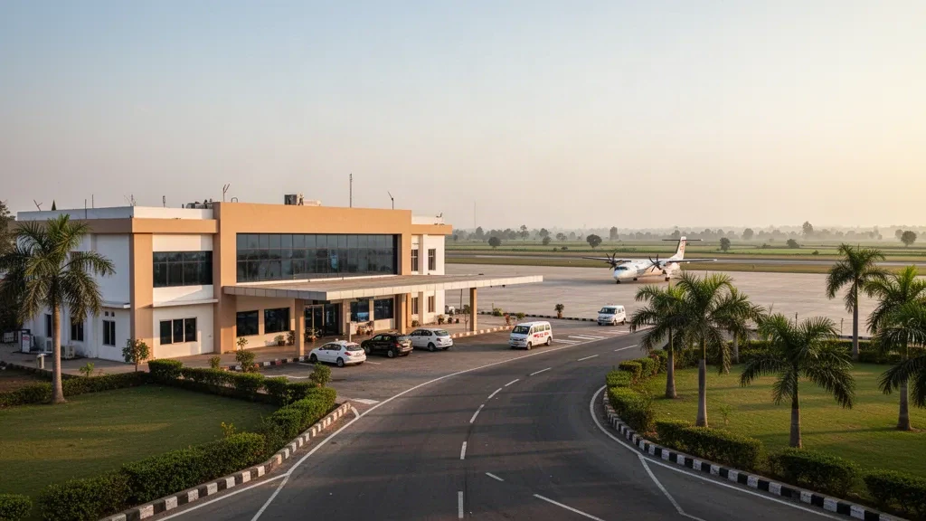 Piccolo terminal aeroportuale regionale a Gujrat, Punjab, con corsia di sosta per la salita e discesa passeggeri, strada di accesso bordata di palme e luce dell'ora d'oro