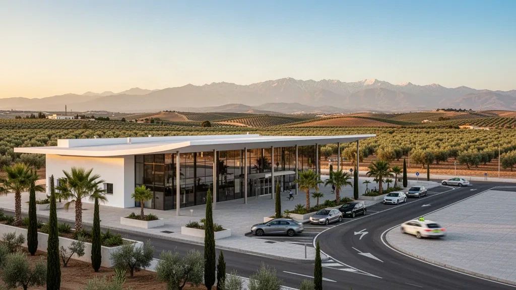 Modern glass terminal exterior of Federico García Lorca Granada-Jaén Airport in Andalusia, framed by olive groves and distant mountains at golden hour