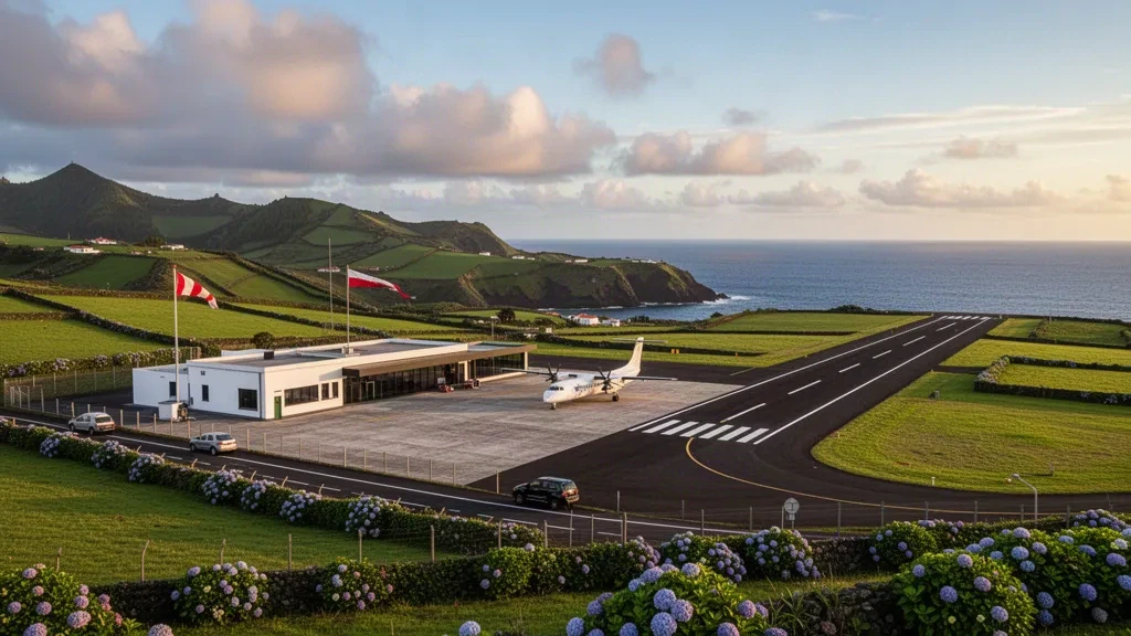 Piccolo terminal aeroportuale sull'isola e pista di atterraggio a Graciosa nelle Azzorre, con colline vulcaniche verdi e l'Oceano Atlantico sullo sfondo durante l'ora d'oro.
