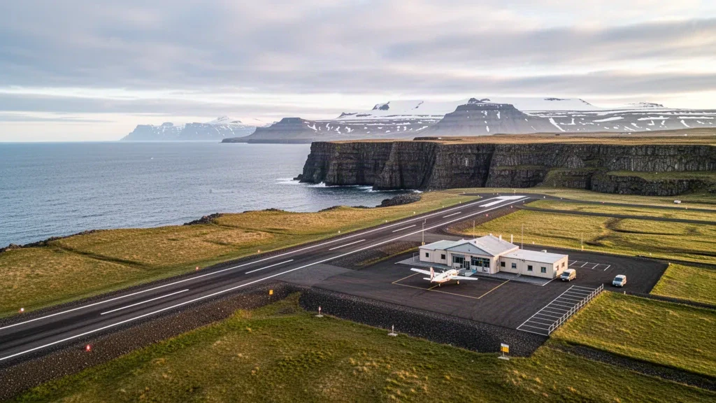 Pequeña pista de aterrizaje y terminal en una isla de Grímsey, Islandia, con tundra verde, acantilados de basalto y el horizonte del Atlántico Norte bajo un cielo pálido