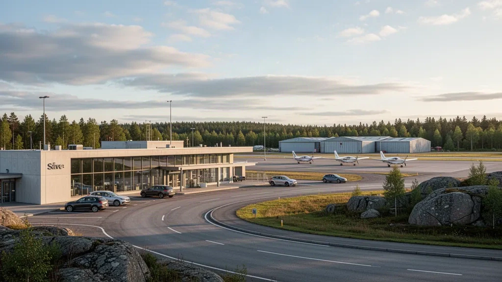 Modern terminal exterior and general aviation apron at Säve Airport near Gothenburg under soft Nordic light