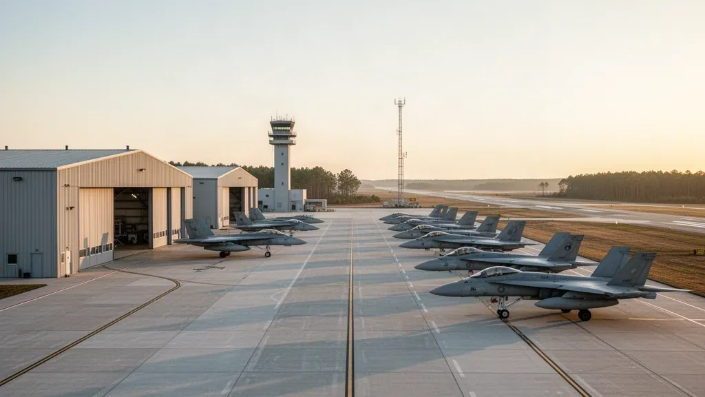 Seymour Johnson Hava Üssü, Kuzey Karolina'daki uçuş hattında sıcak altın saat ışığında savaş uçakları ve hangarlar