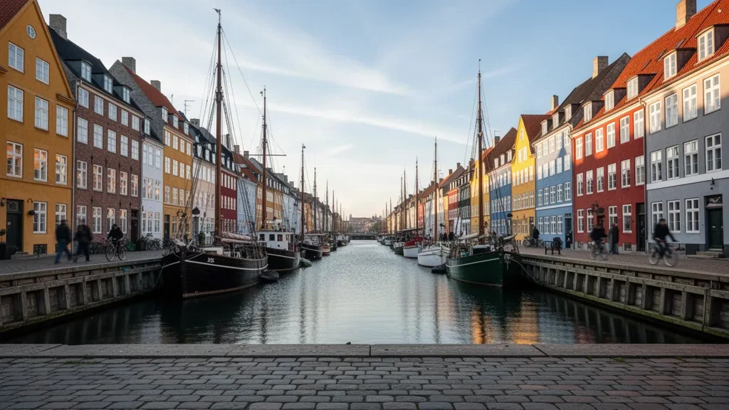 Colourful historic gabled townhouses and wooden boats along the Nyhavn canal in Copenhagen, Denmark, in soft afternoon light