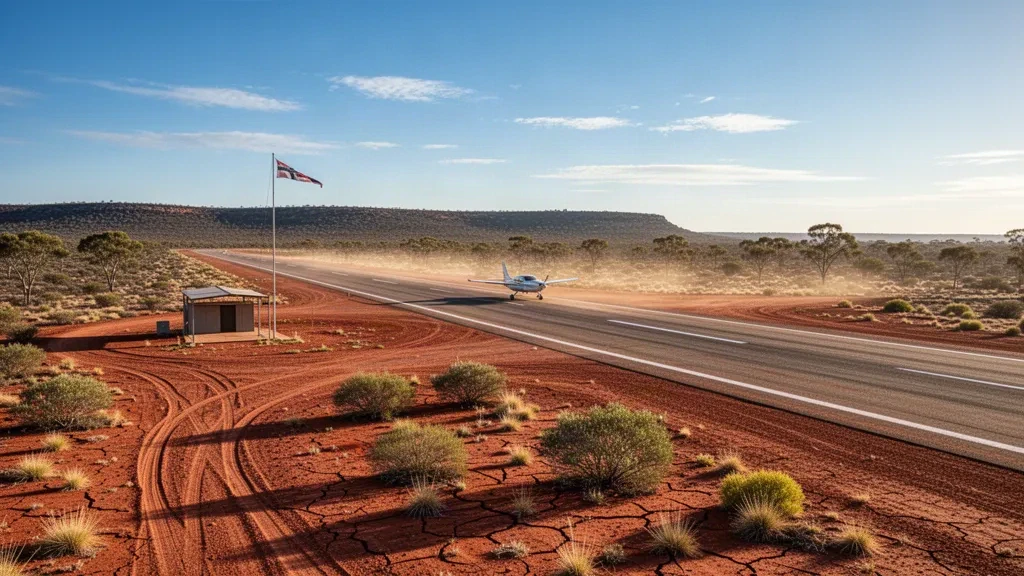 Piste isolée de l'outback à l'aéroport de Gascoyne Junction en Australie-Occidentale, encadrée par un sol désertique rouge et des broussailles basses sous un ciel dégagé